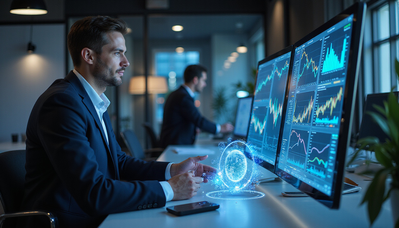  Investor analyzing multiple cryptocurrency charts on sleek holographic interface in modern office