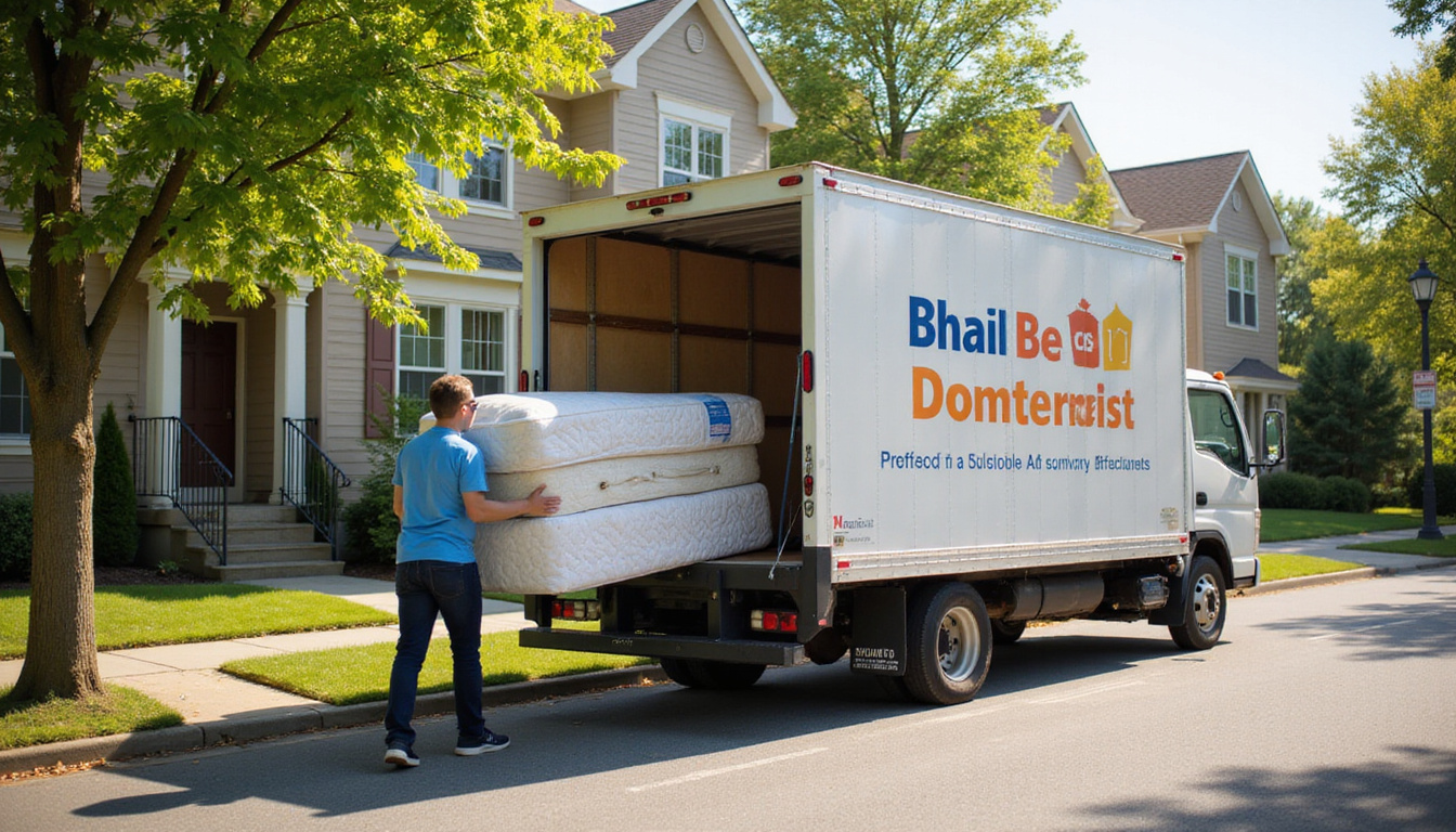  Person carrying a mattress to a donation truck in a sunny, leafy neighborhood
