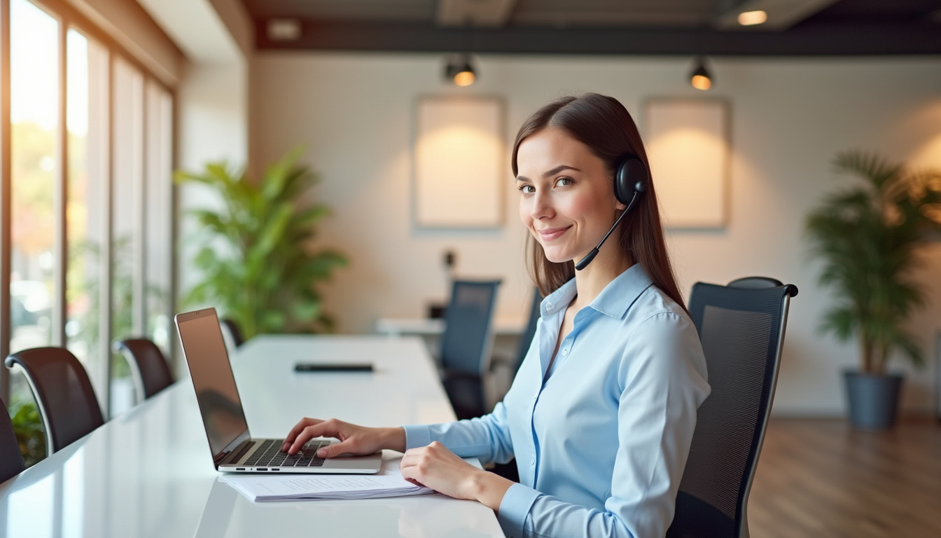  sleek office space with receptionist managing calls, seamless communication flow, upbeat workplace ambiance