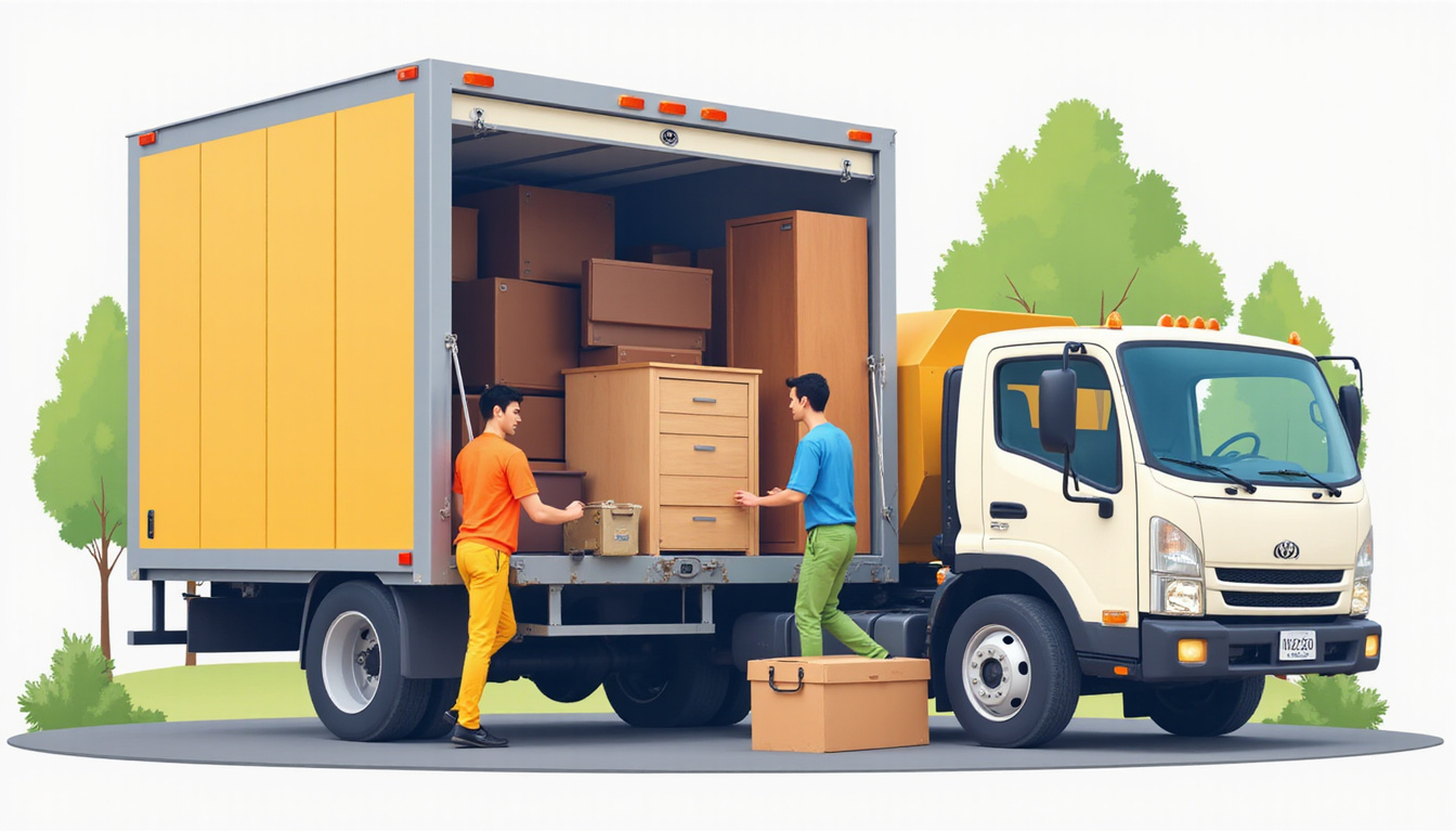 efficient junk removal truck loading, workers stacking furniture and appliances systematically