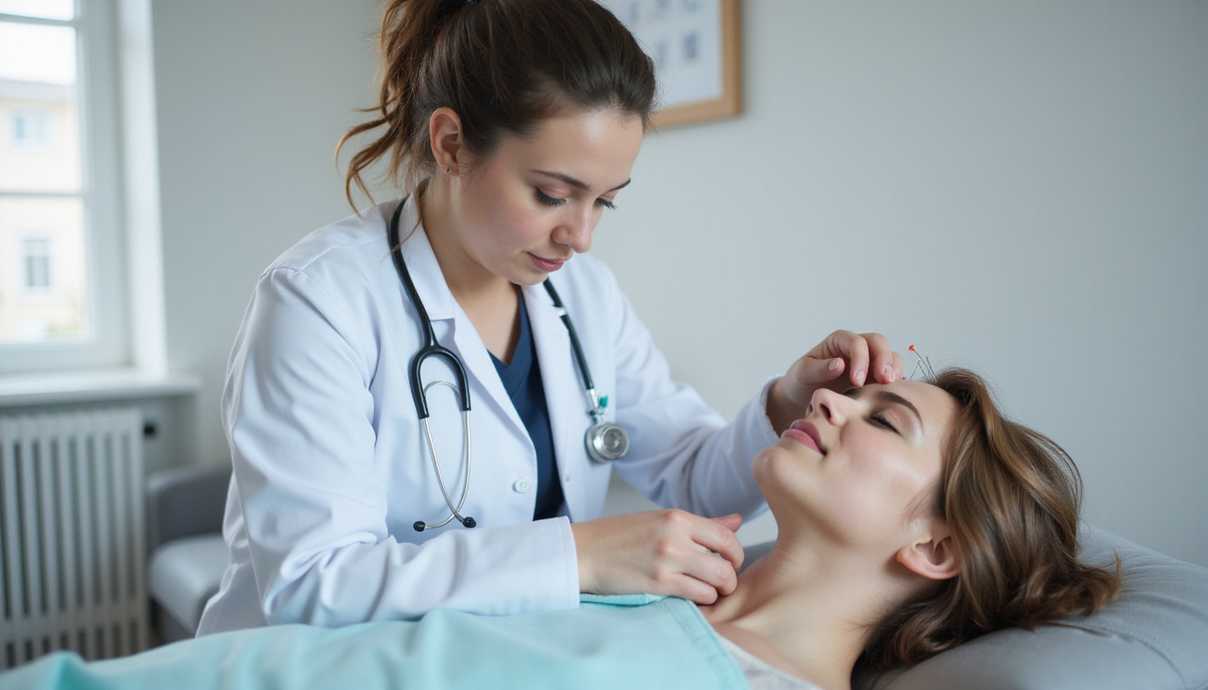  doctor demonstrating acupuncture on patient for pain relief in clinical setting, focused expressions