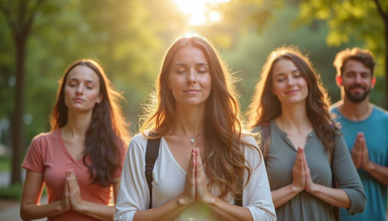  Diverse group practicing mindfulness in urban park, warm sunlight, peaceful expressions, vibrant greenery