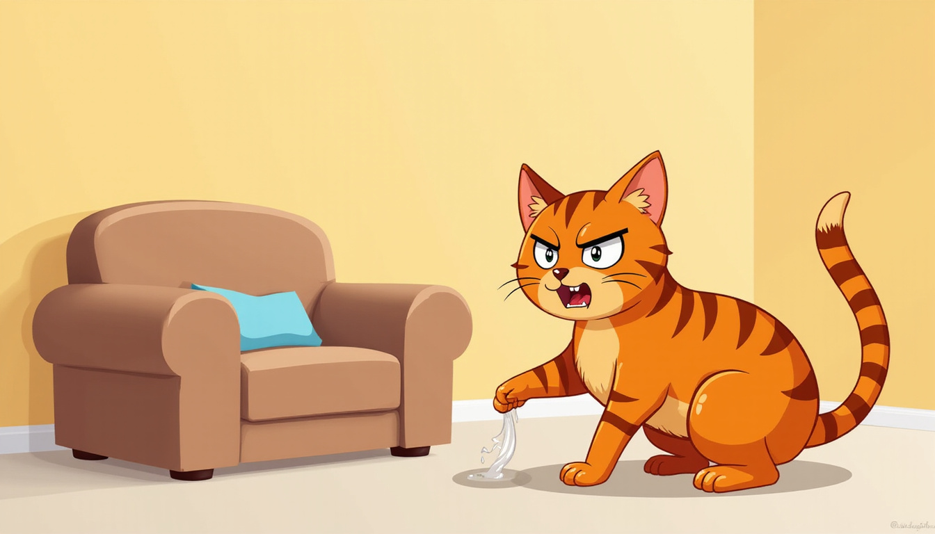 angry cat spraying urine on furniture, irritated feline marking territory indoors