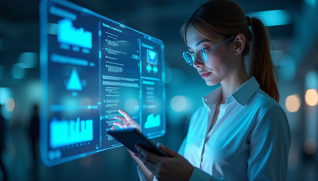 professional businesswoman reviewing vendor compliance checklist, futuristic transparent screens glowing blue