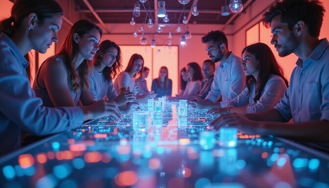 diverse marketing team collaborating over innovative experimentation platforms with holographic displays