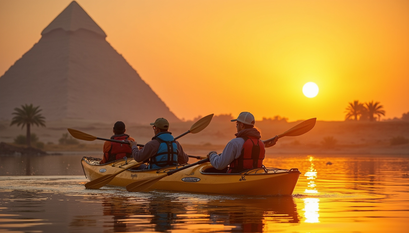  Adventurous travelers kayaking on Nile with golden pyramid backdrop and vibrant sunset