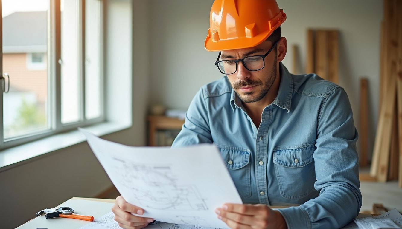  professional renovation expert examining house plans, construction site with tools and materials nearby