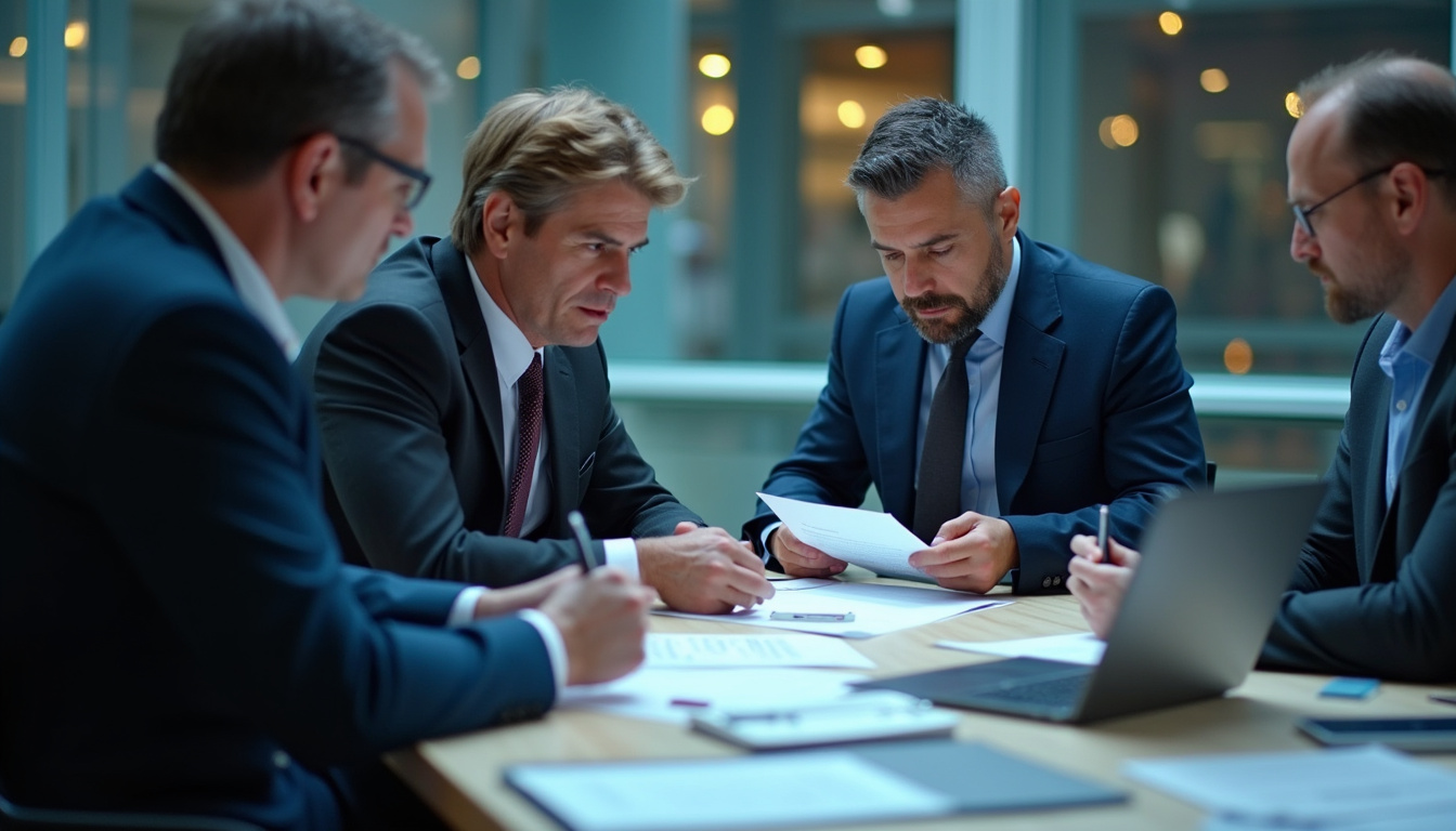  strategic government contract negotiation, focused entrepreneurs analyzing documents, competitive business environment