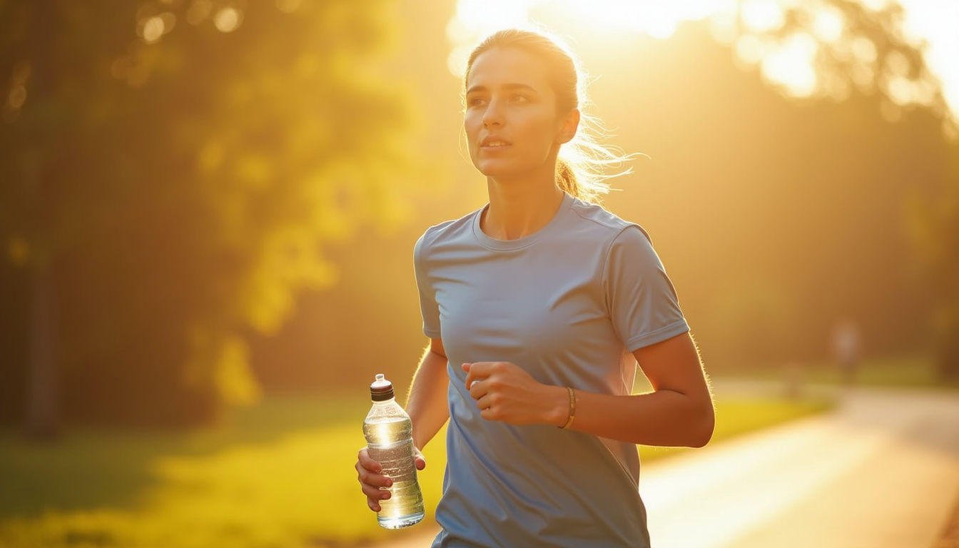  Energetic person jogging outdoors, holding a reusable water bottle, sunny morning light