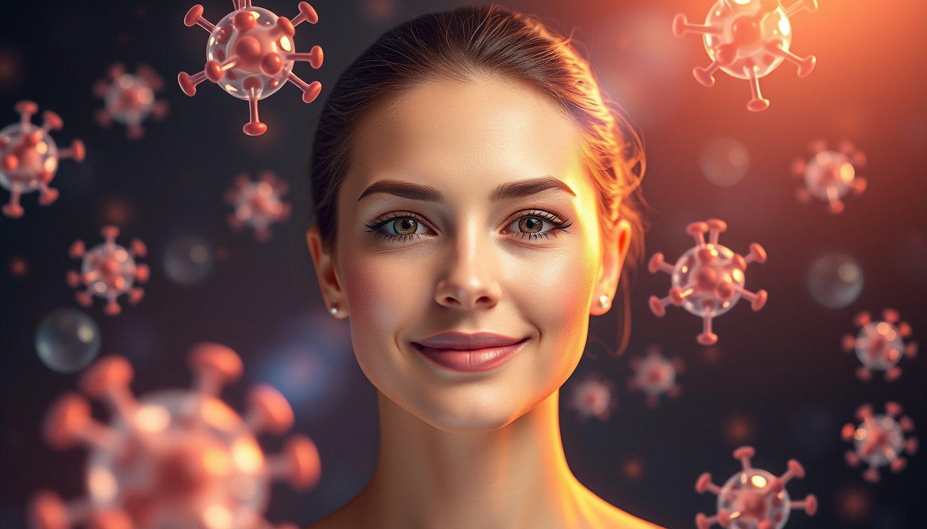  radiant woman glowing with youthful skin, surrounded by collagen molecules and natural elements