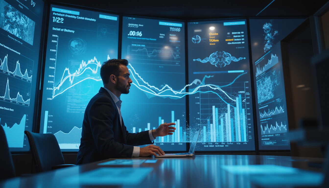  business executive surrounded by dynamic holographic charts making instant decisions in a high-tech control room