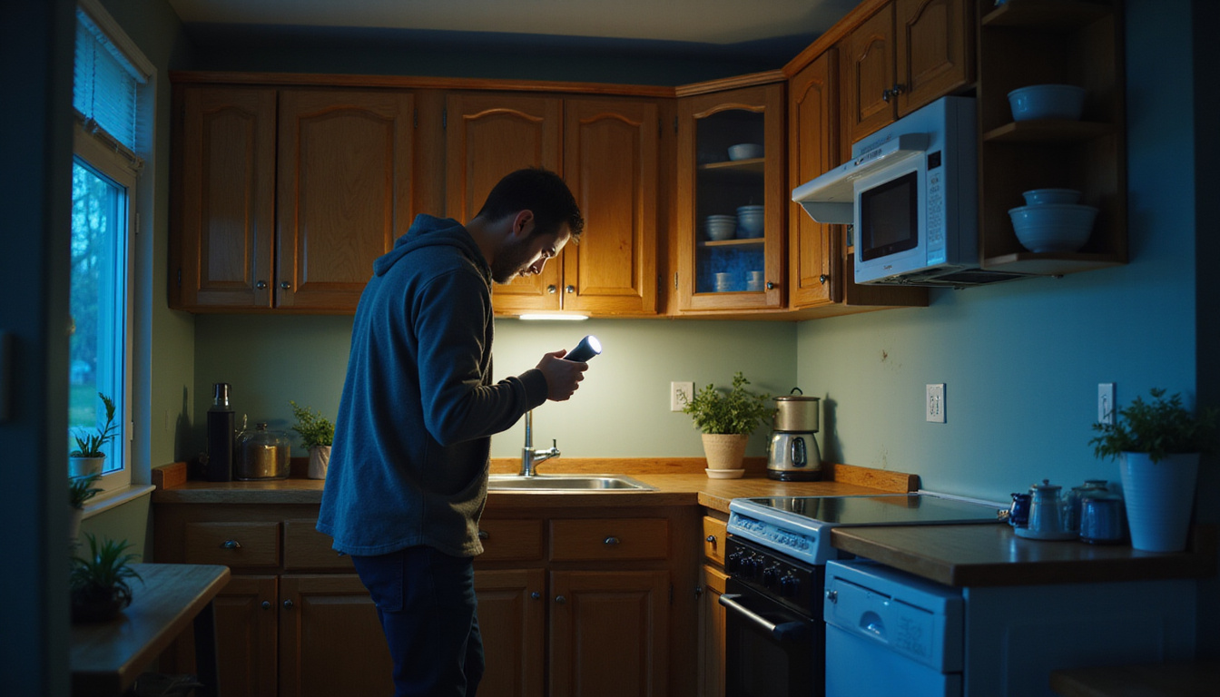  Homeowner with flashlight examining kitchen cabinets at night, searching for roaches