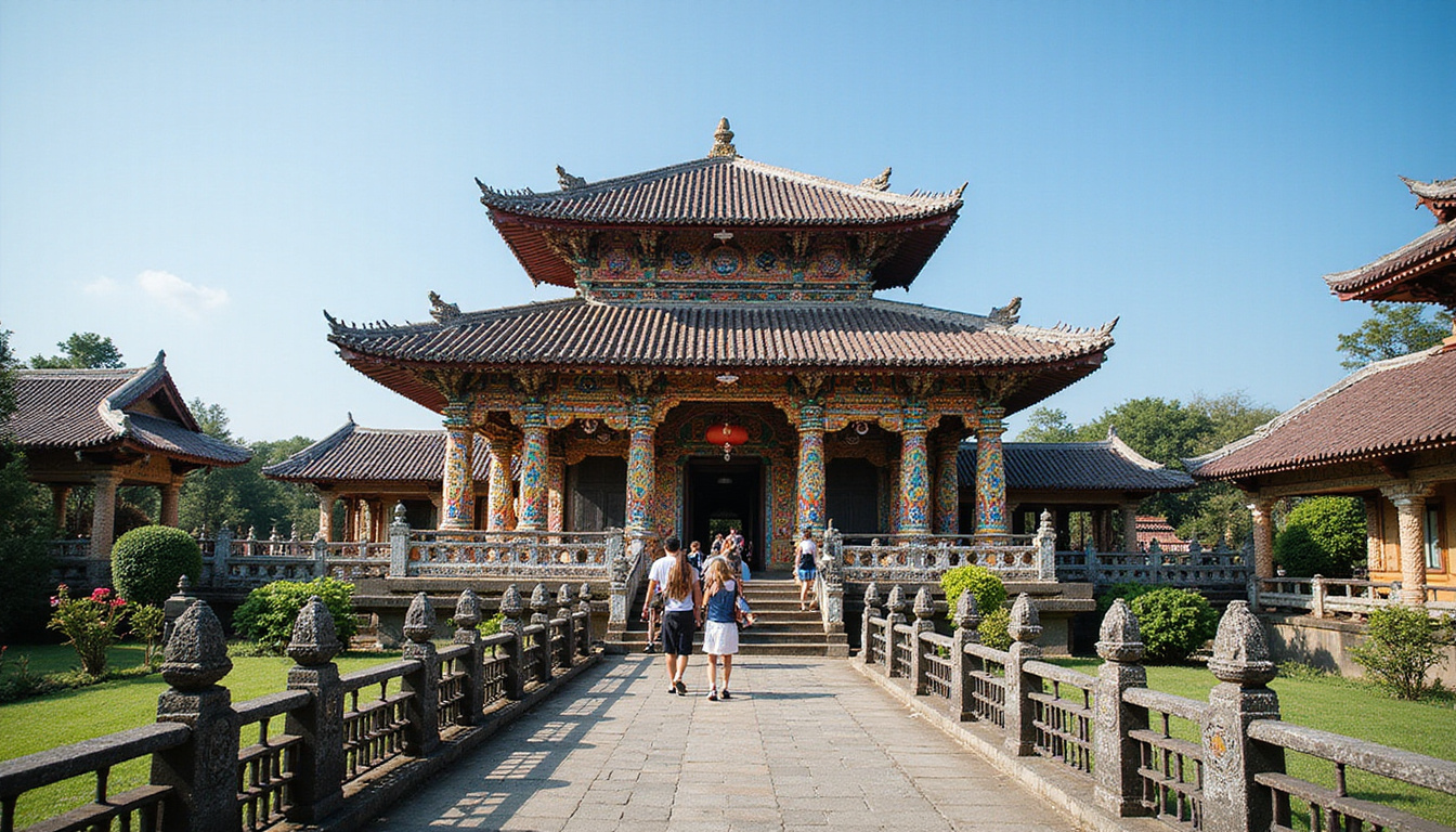  Vibrant Balinese temple with colorful decorations and tourists exploring pathways