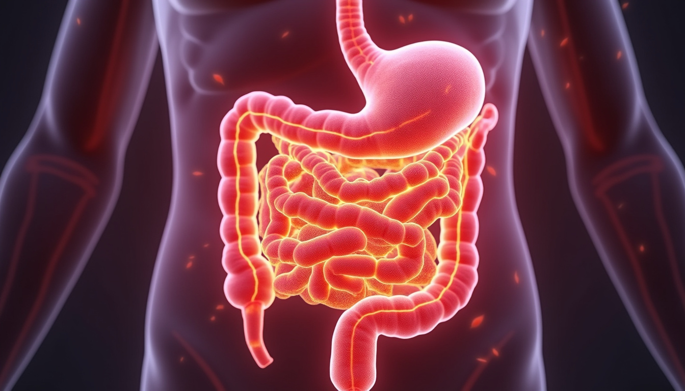 Artistic representation of a healthy gut with glowing digestive enzymes enhancing nutrient absorption