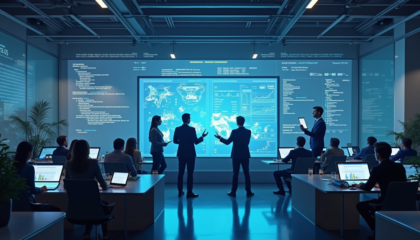  diverse business team analyzing blockchain regulation on transparent screens, modern tech environment