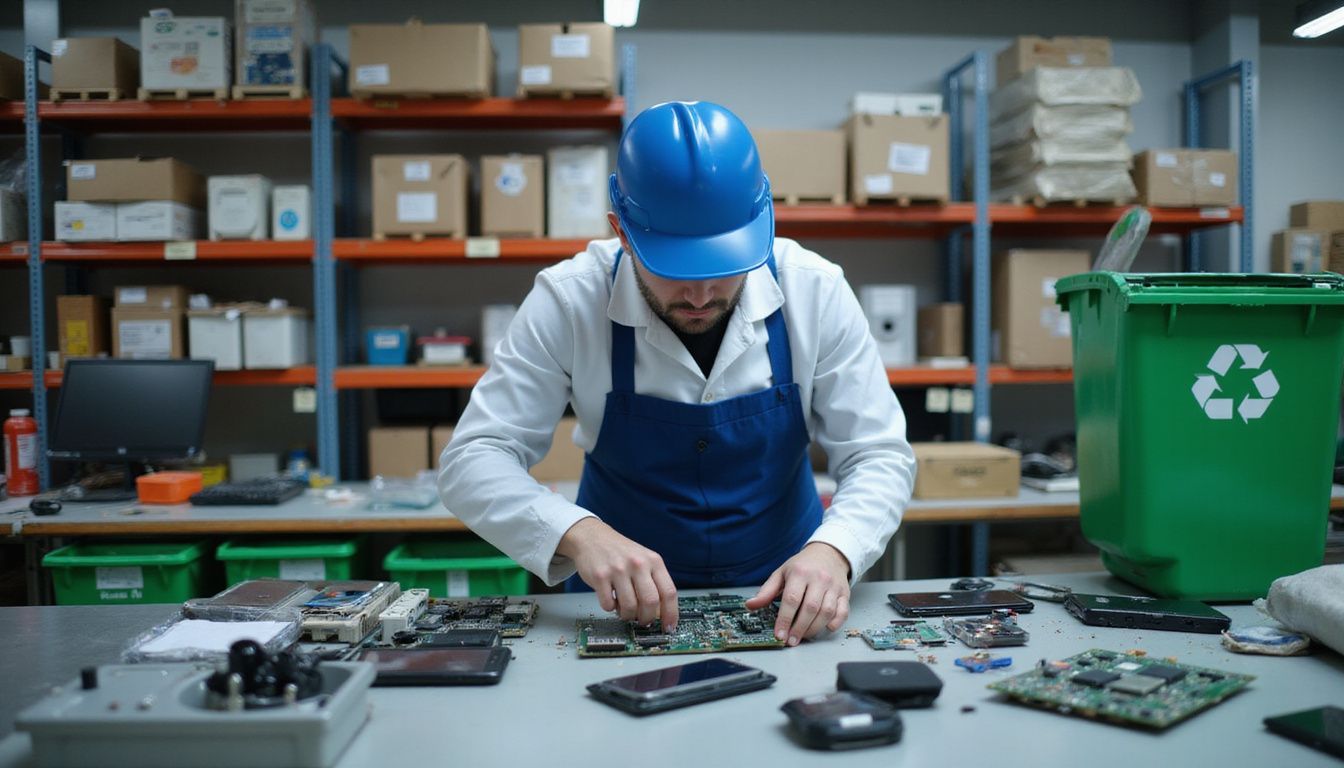 technician safely dismantling electronic devices in organized workshop, green recycling bins nearby
