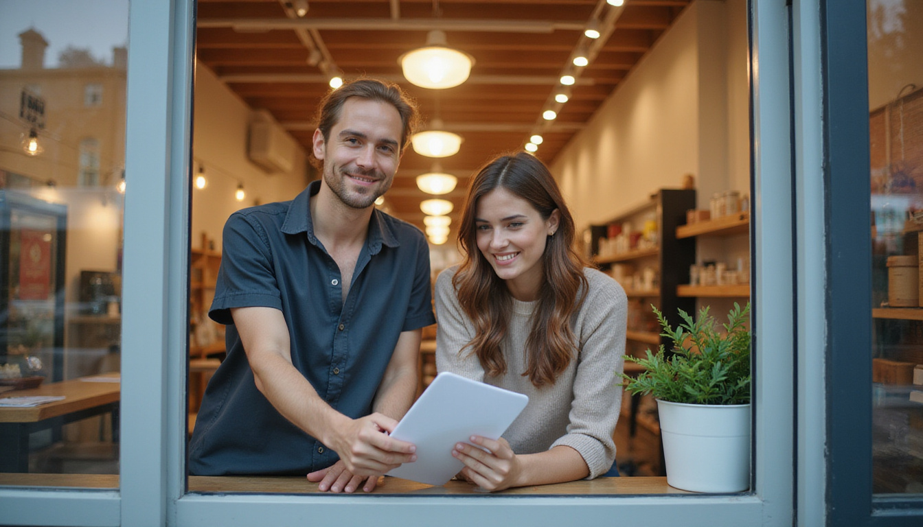  small business storefront with happy customers interacting, seamless call answering technology visuals
