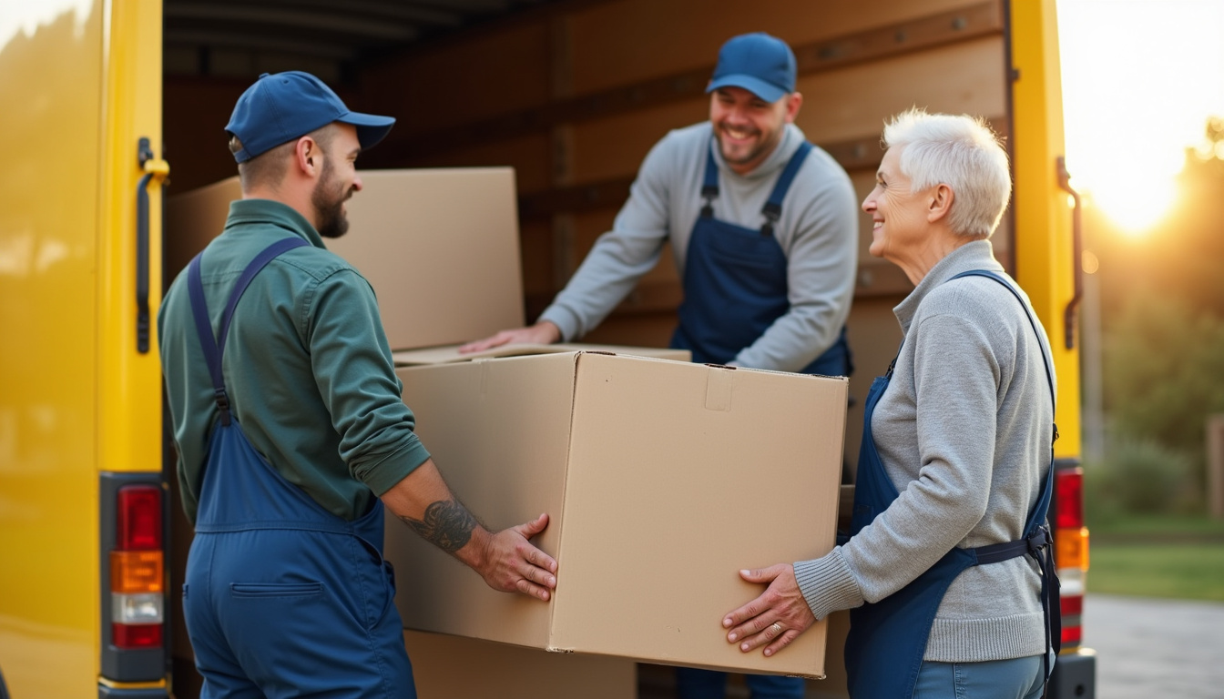 professional movers carefully loading furniture into a bright moving truck, smiling seniors watching