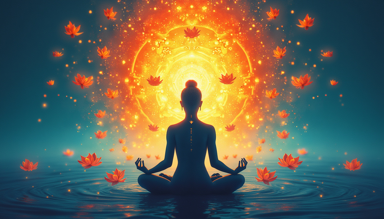  Abstract human silhouette surrounded by sacred symbols, floating lotus blossoms, radiant calm energy