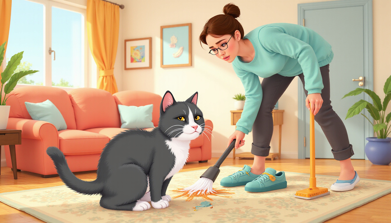  frustrated owner cleaning cat urine stains, irritated expression, living room mess, bright daylight