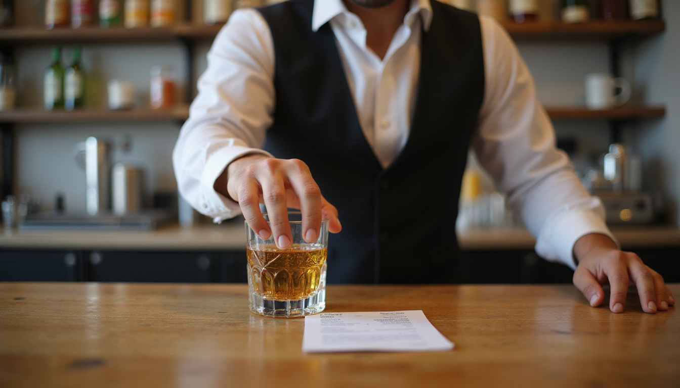 close-up of hands checking ID before serving alcohol, professional atmosphere