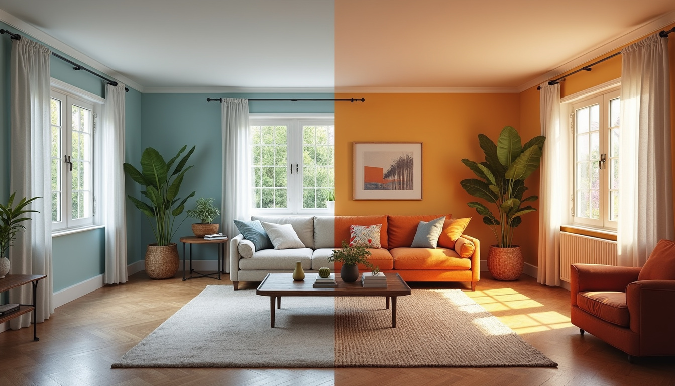  Cozy living room before and after renovation, warm lighting, stylish decor