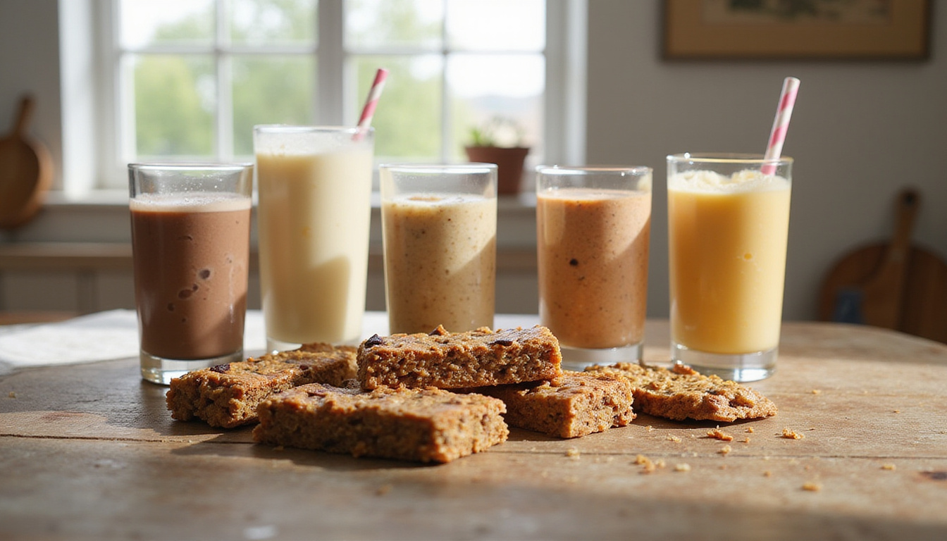 assorted low carb meal bars and shakes arranged on rustic wooden table bright natural light