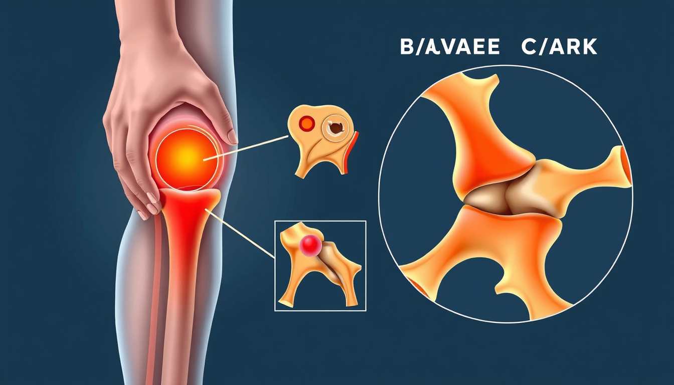 Illustration of damaged cartilage in joints, person holding painful knee, muted colors