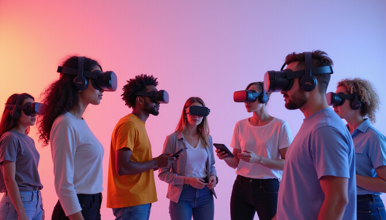  diverse group wearing VR headsets, engaging with floating podcast content in metaverse environment