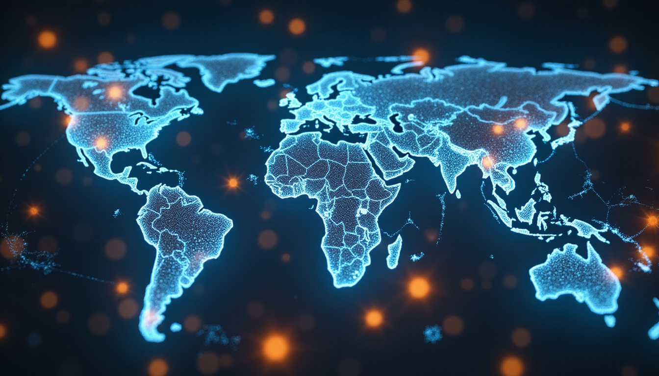  Digital network of glowing decision-making agents analyzing global market data on transparent screens