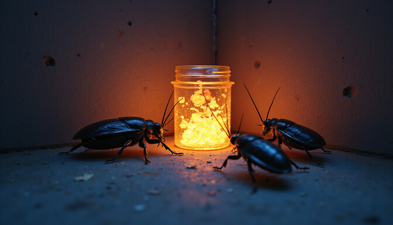 Illustration of roaches approaching glowing bait trap in dark corner, tense atmosphere