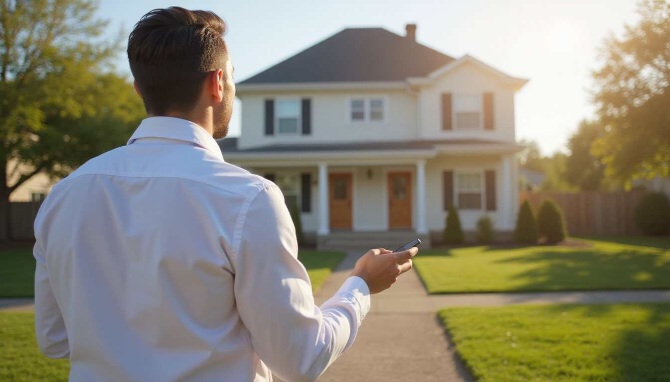 Real estate agent showcasing bright, inviting house to eager potential buyers outdoors
