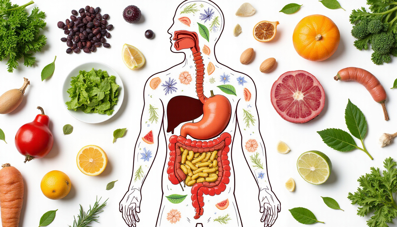 diverse healthy foods surrounding human digestive system, illustrating gut flora balance and vitality