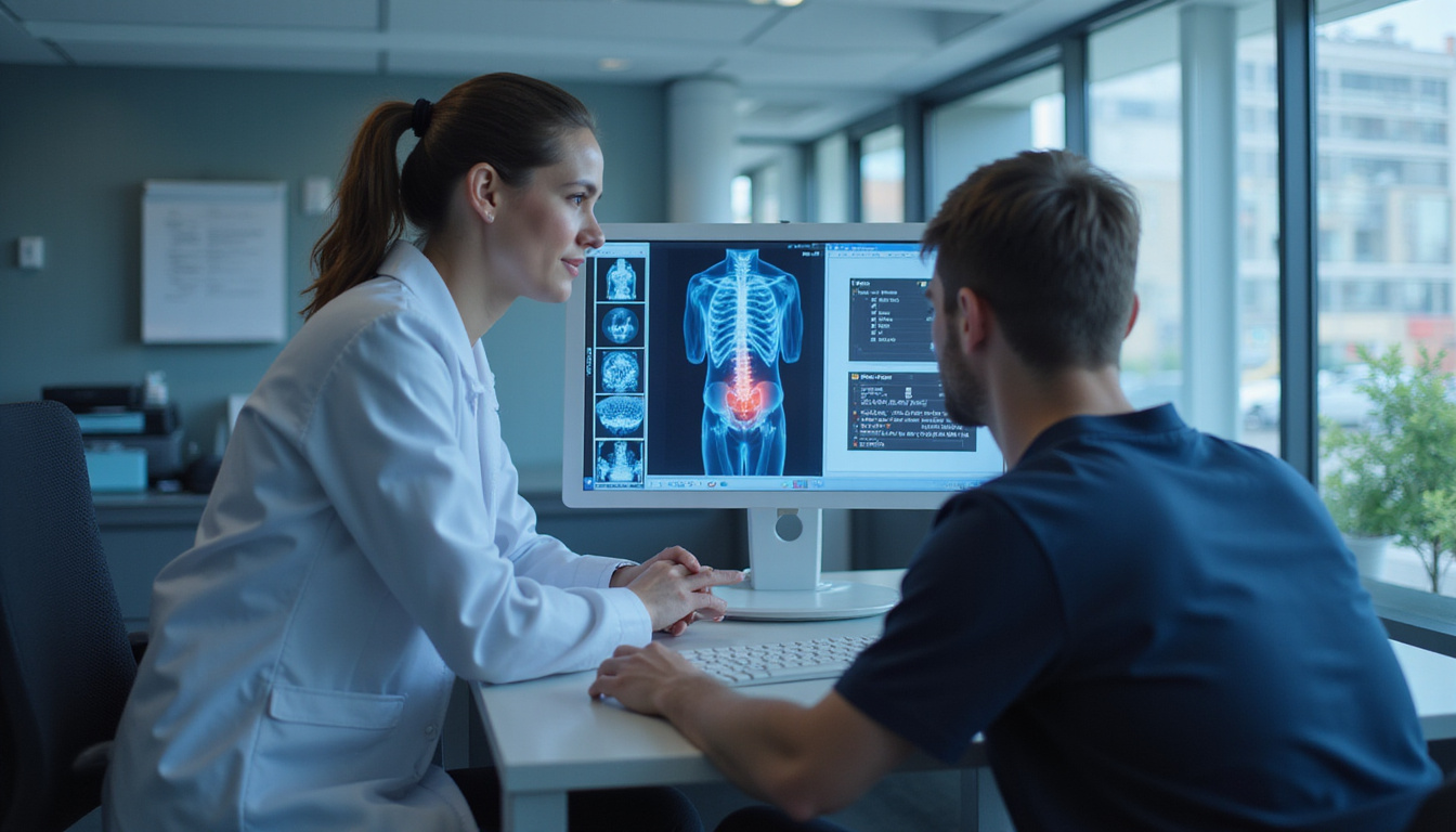  calm patient consulting neurologist bright modern office digital sciatic nerve scan display
