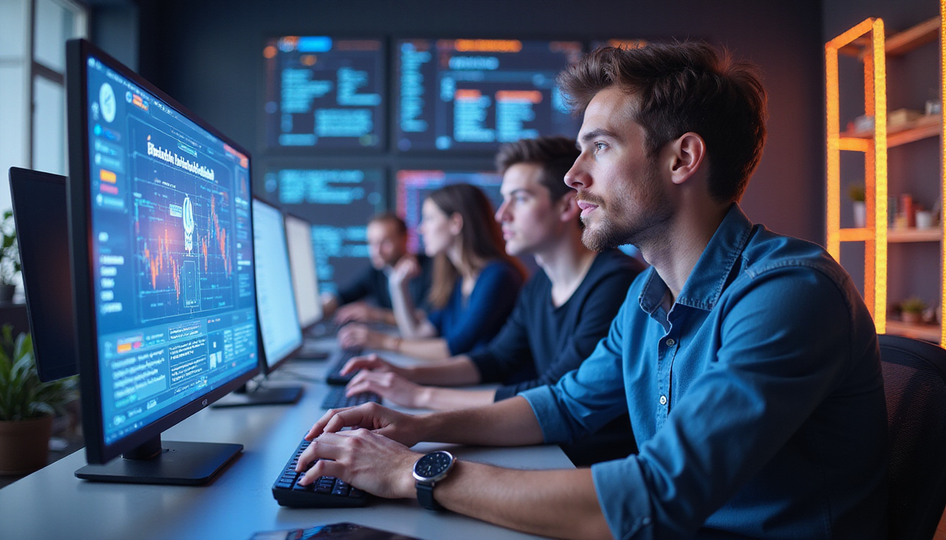  Diverse developers coding blockchain applications with holographic interfaces in high-tech workspace