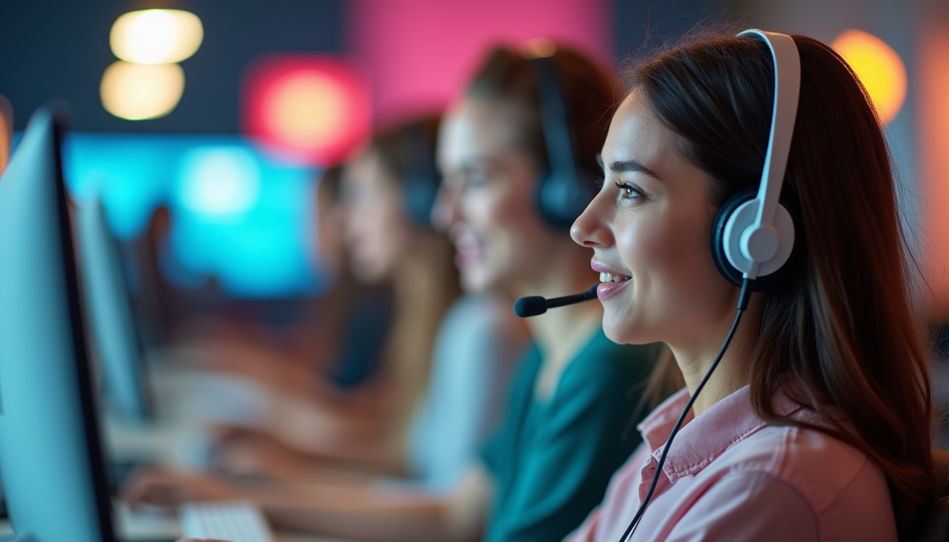  Friendly call center agents with headsets assisting customers, vibrant tech-savvy workplace background