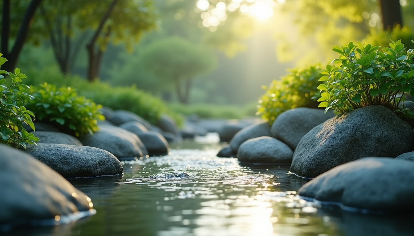  tranquil Zen garden with flowing water, lush greenery, and calming stones under soft morning light