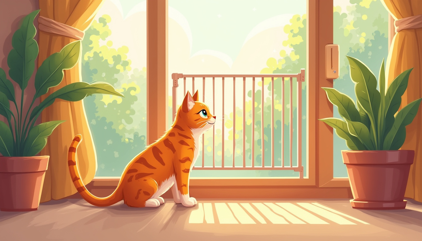 Curious cat exploring cozy indoor space with safety gates and cat-proof windows 