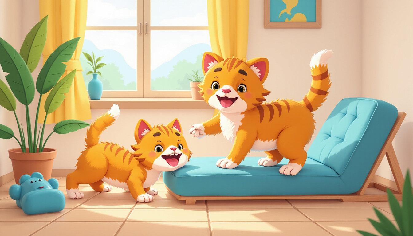  Playful feline interacting with indoor climbing structures, secure and happy environment