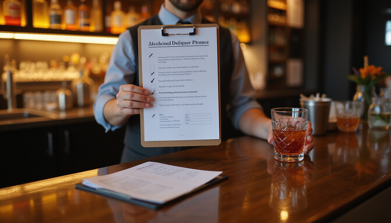  professional bar setting, bartender holding alcohol server permit, checklist on clipboard, warm lighting