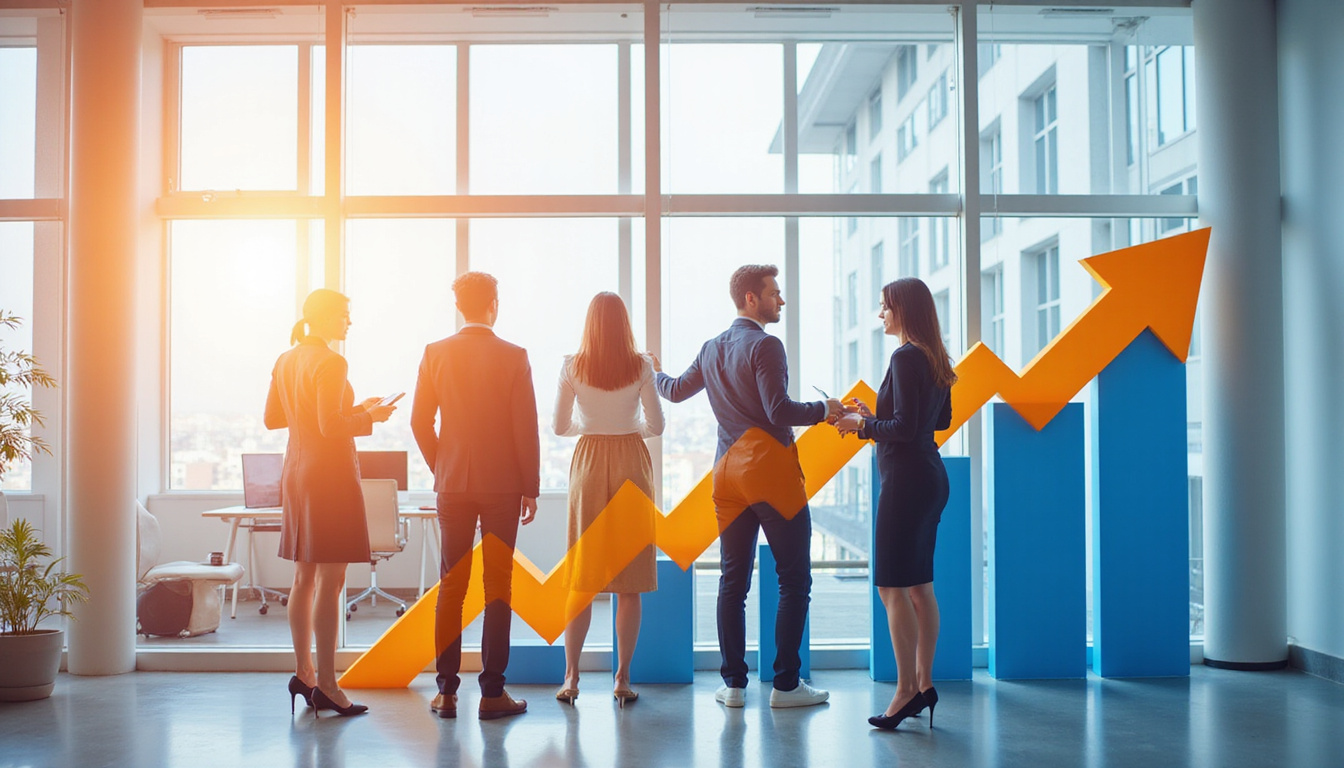  Diverse team planning success strategy, rising graph charts, bright office, dynamic teamwork atmosphere