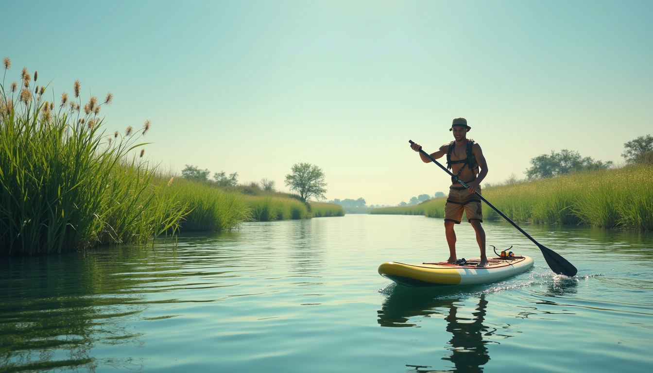 Adventurous paddleboarder navigating calm Nile waters with lush green banks
