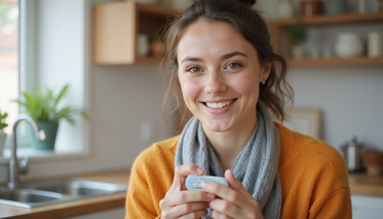  Diabetic person smiling, measuring blood sugar with improved glucose readings, vibrant kitchen background