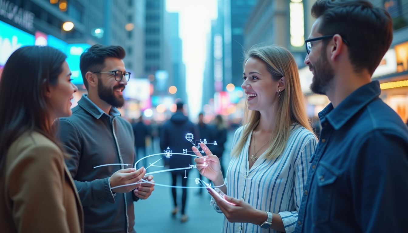  Happy diverse people interacting with holographic AI assistants in vibrant cityscape background
