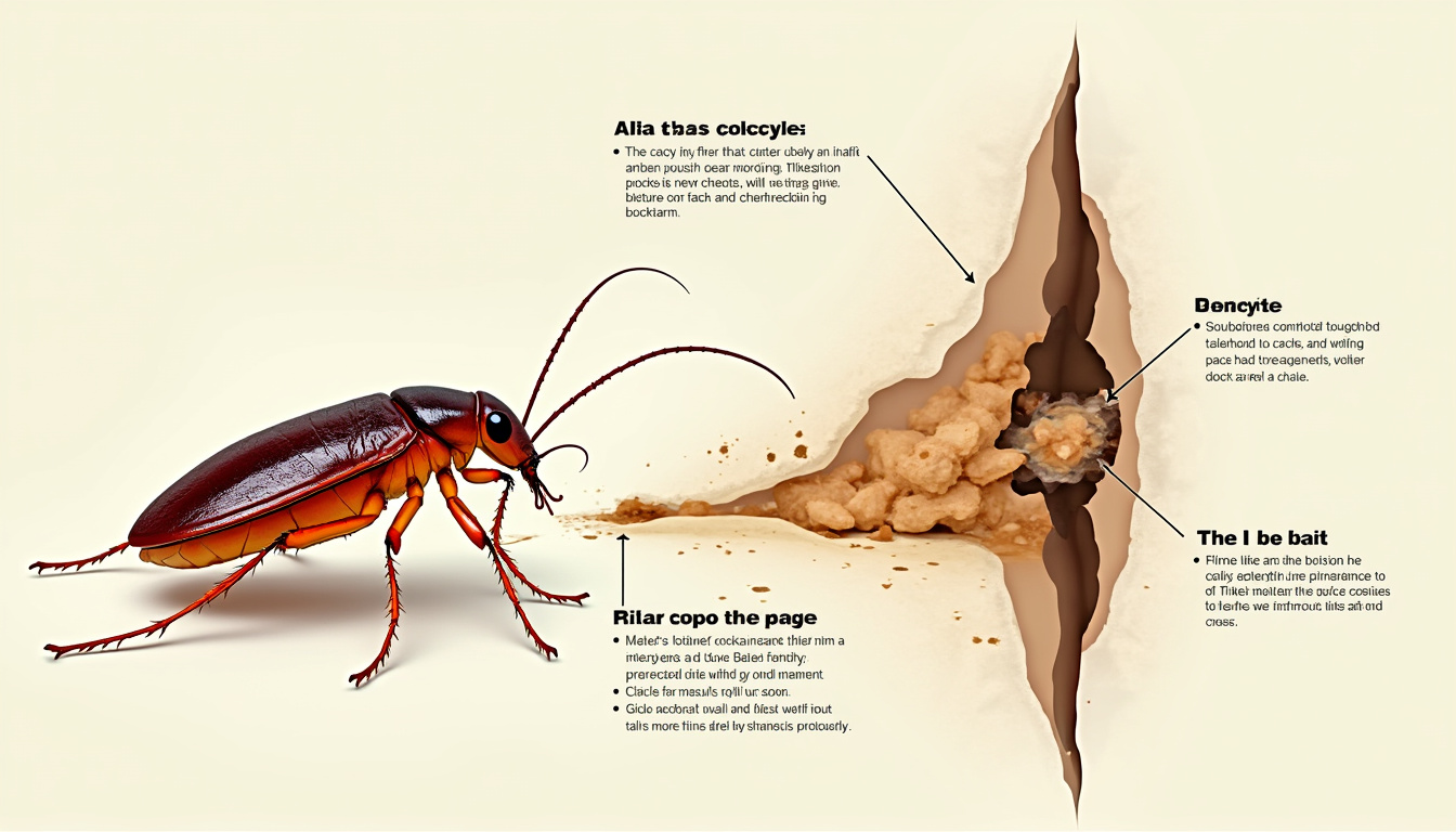  Detailed diagram of cockroach life cycle and bait placement in household cracks and crevices