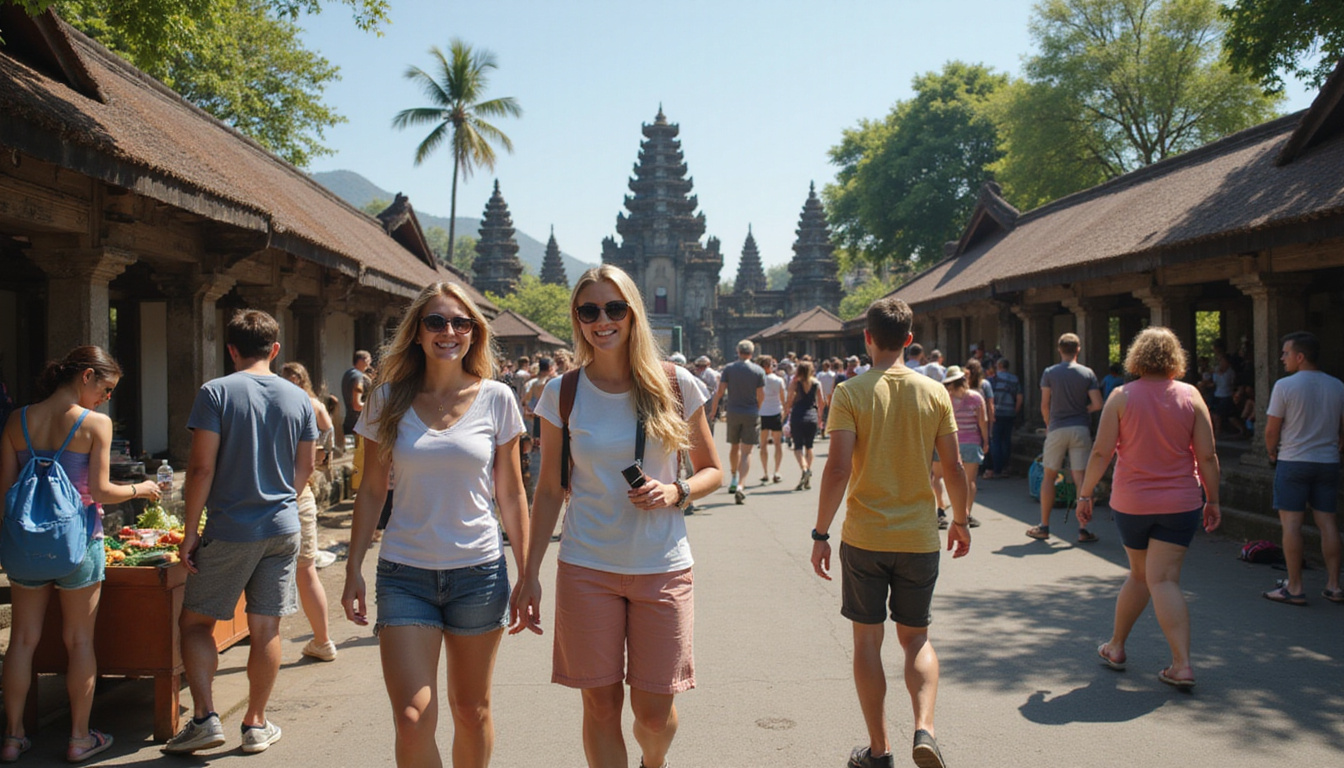  Happy travelers exploring Bali temples, budget-friendly vibrant market scene, tropical vibes