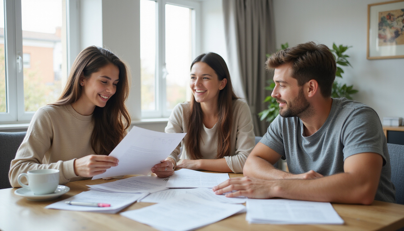  Happy family reviewing property tax papers in bright home office