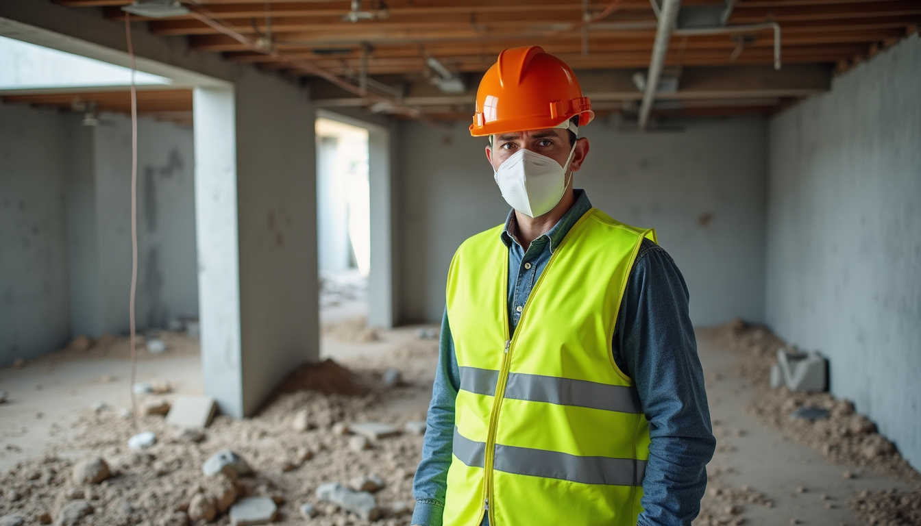  modern basement demolition, bright safety vests, industrial tools, dust and protective masks