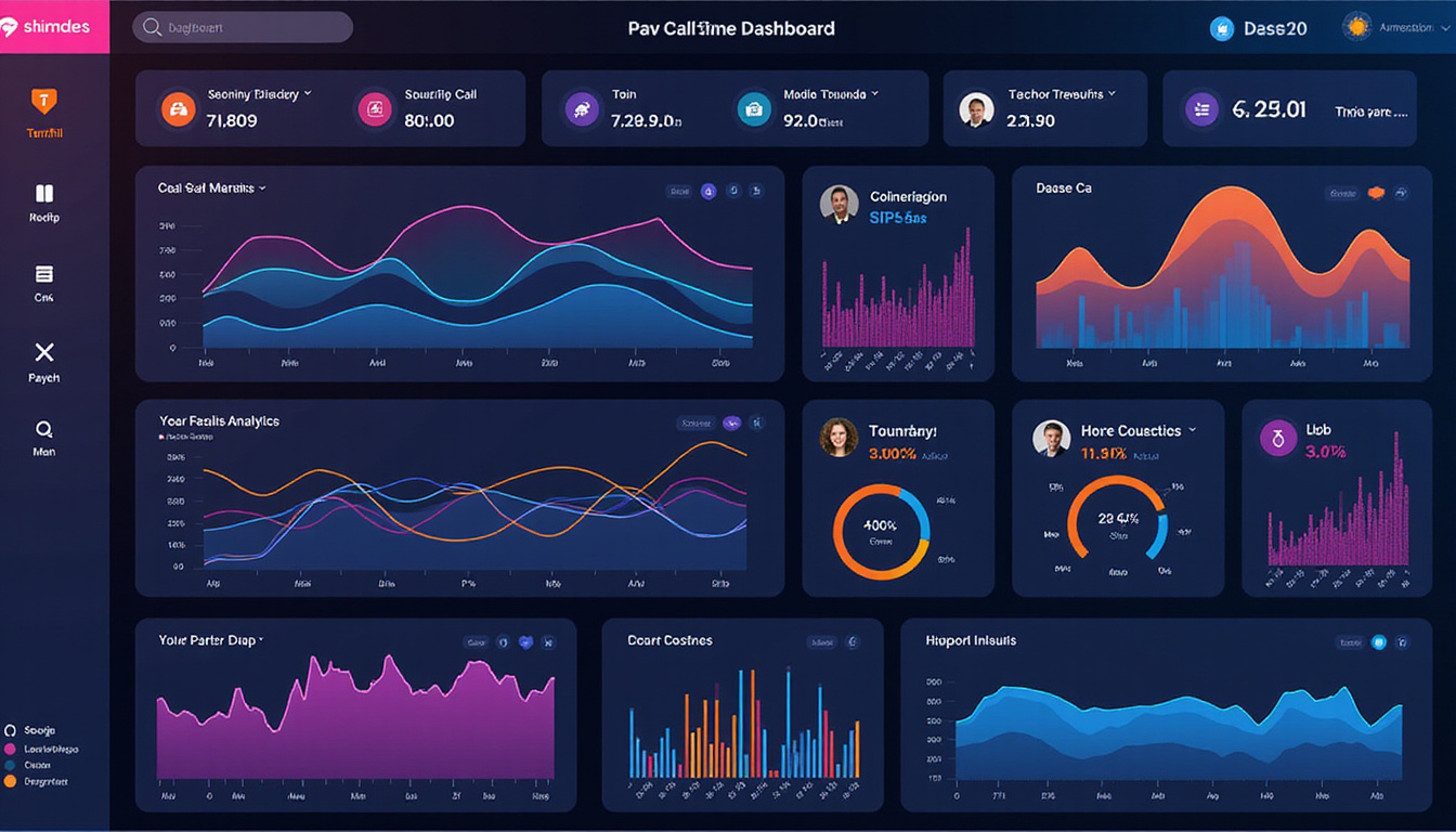  high-tech call center dashboard displaying real-time analytics, vibrant colors, futuristic UI design