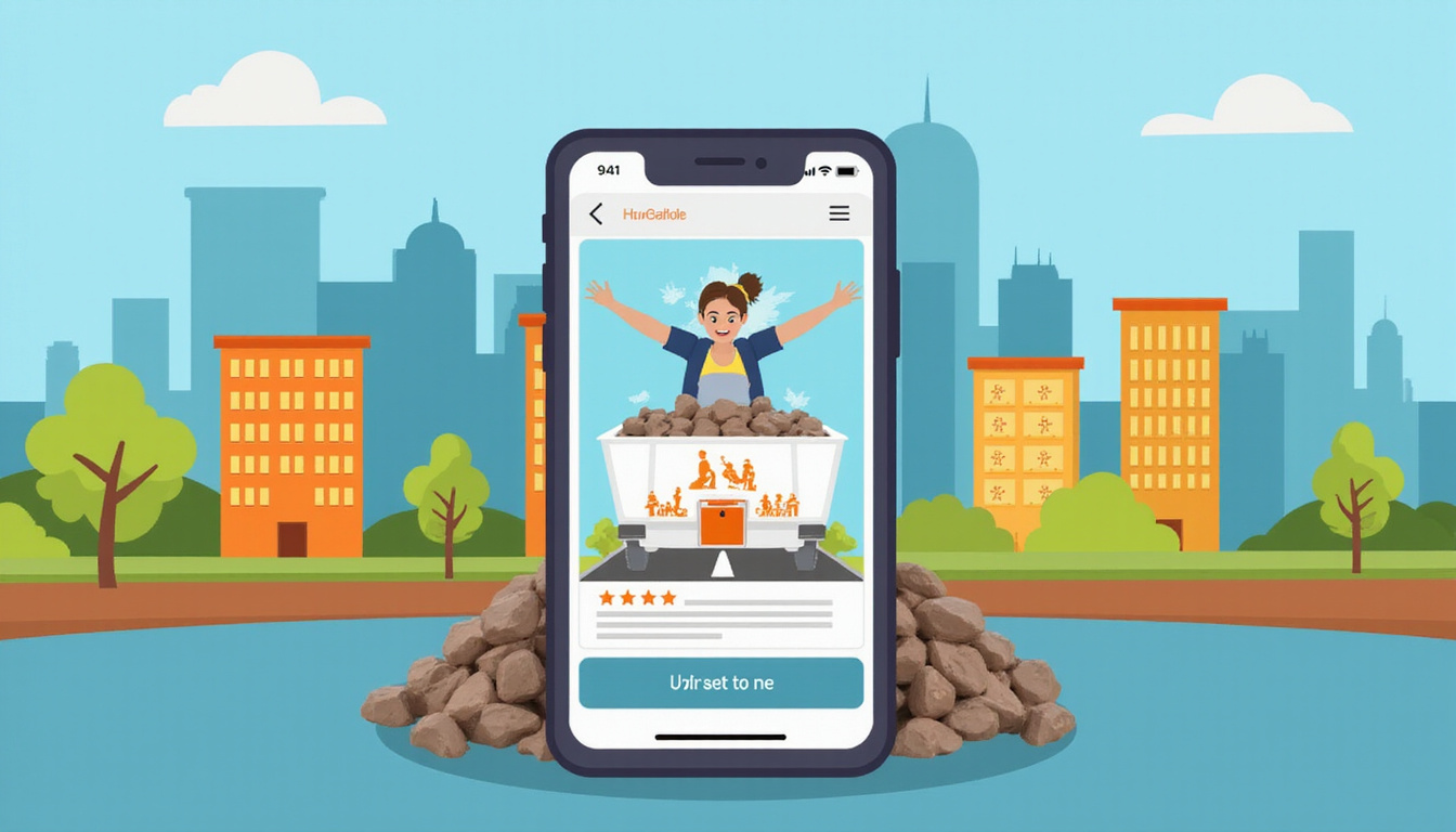 Happy locals rating junk removal service on mobile phones, vibrant cityscape background